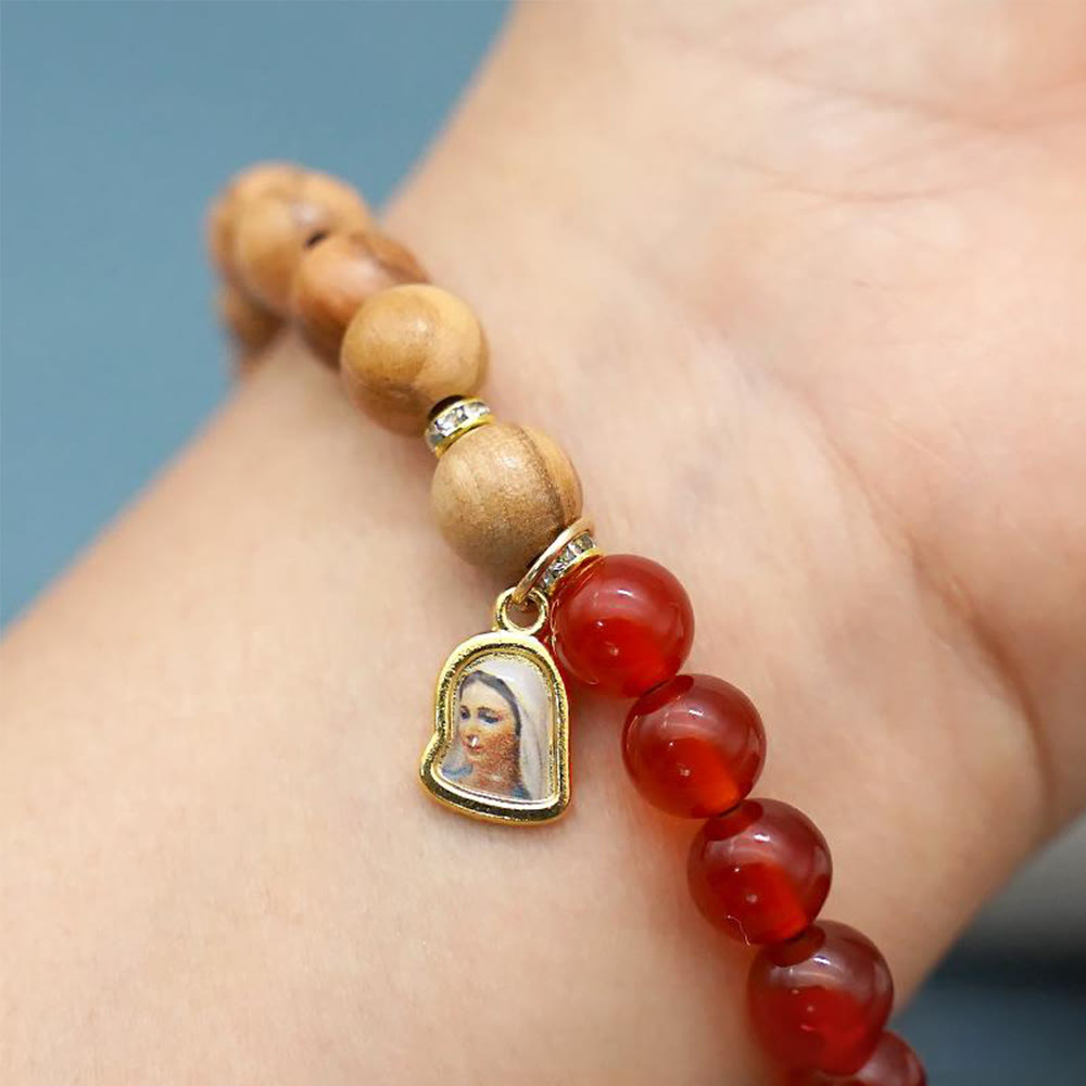 Red Agate & White Chalcedony Beads With Our Lady Pendant Bracelets: A Token of Devotion