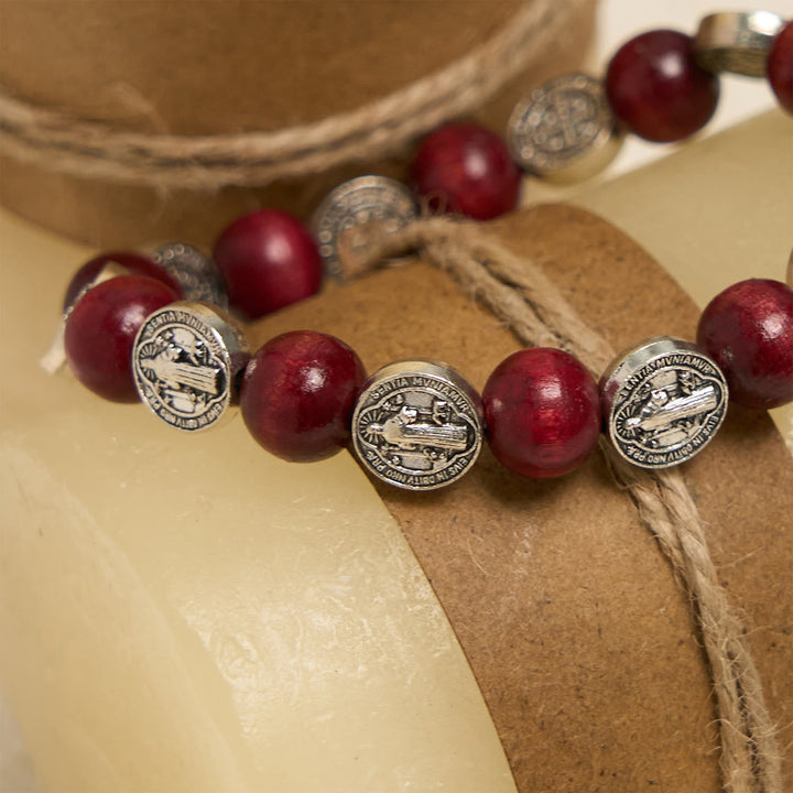 Vintage Style St. Benedict Pendant and Red Beads Bracelet: Cherished Symbol of Holy Guidance