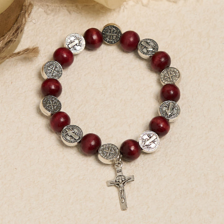 Vintage Style St. Benedict Pendant and Red Beads Bracelet: Cherished Symbol of Holy Guidance