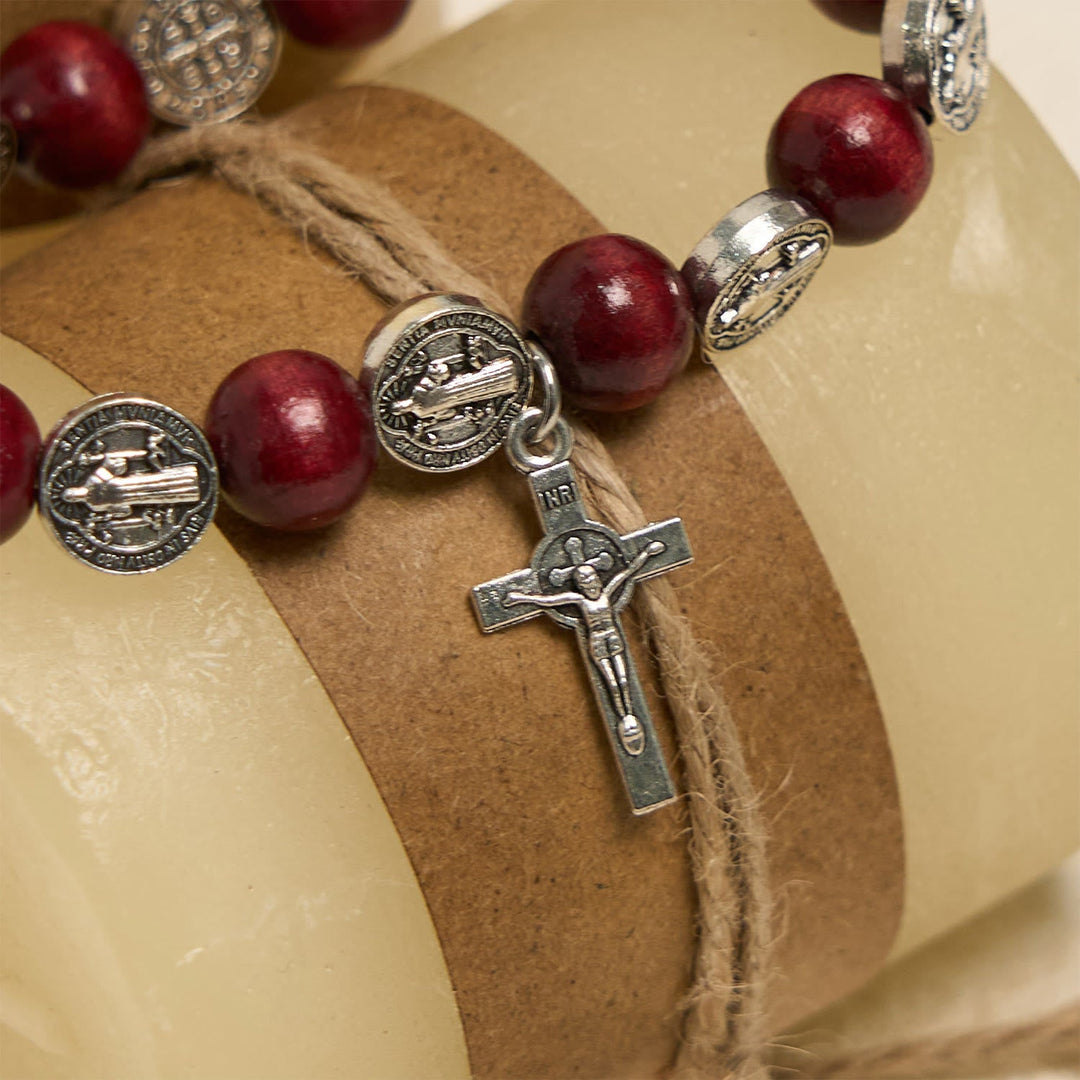 Vintage Style St. Benedict Pendant and Red Beads Bracelet: Cherished Symbol of Holy Guidance