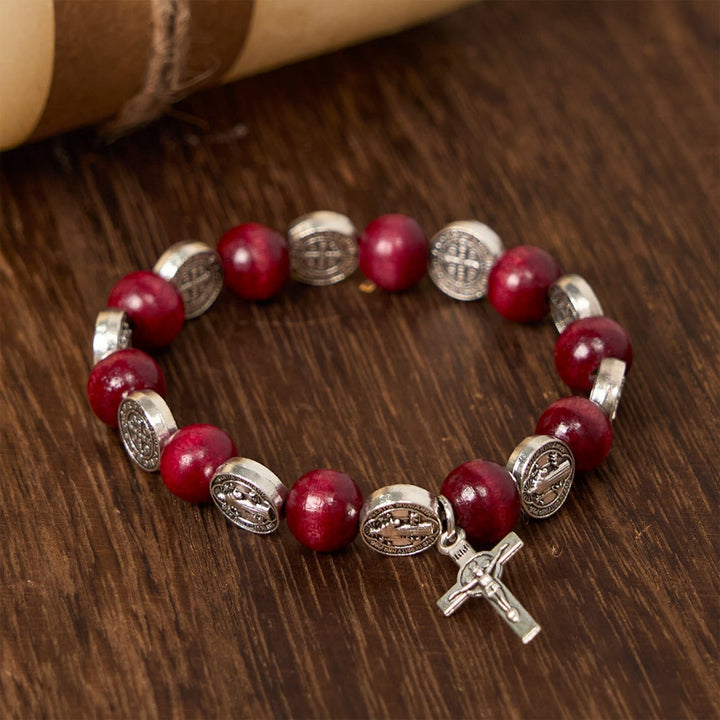 Vintage Style St. Benedict Pendant and Red Beads Bracelet: Cherished Symbol of Holy Guidance