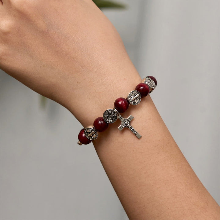 Vintage Style St. Benedict Pendant and Red Beads Bracelet: Cherished Symbol of Holy Guidance