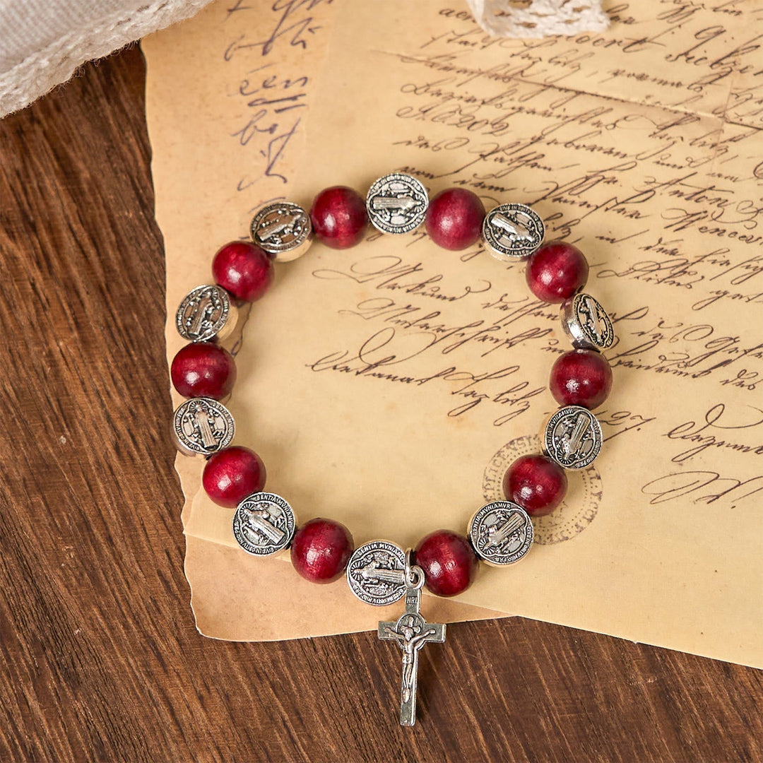 Vintage Style St. Benedict Pendant and Red Beads Bracelet: Cherished Symbol of Holy Guidance
