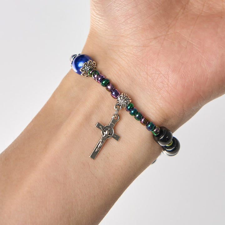 Ebony and Blue Agate with Our Lady Medal & Crucifix Bracelet