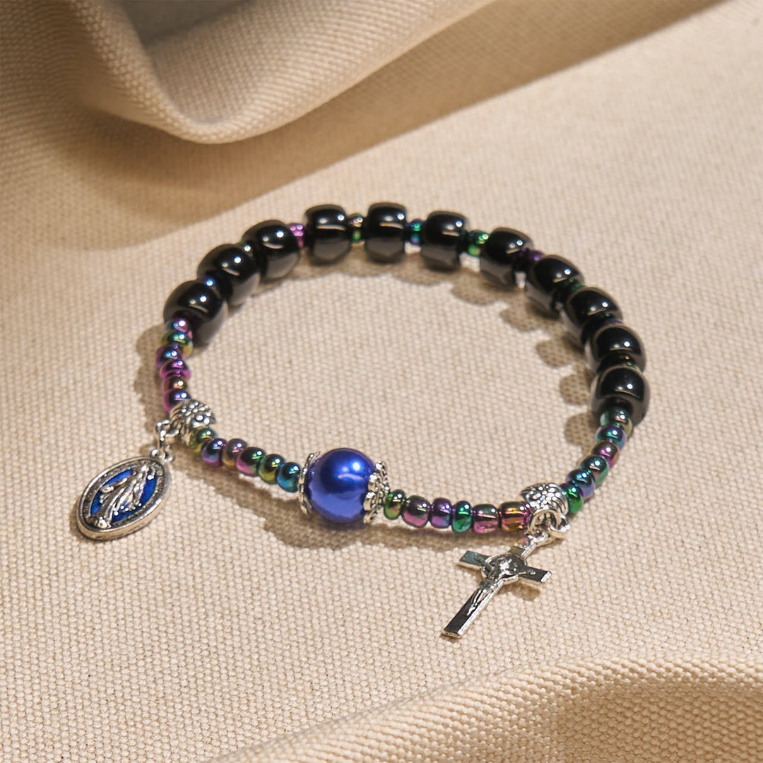 Ebony and Blue Agate with Our Lady Medal & Crucifix Bracelet
