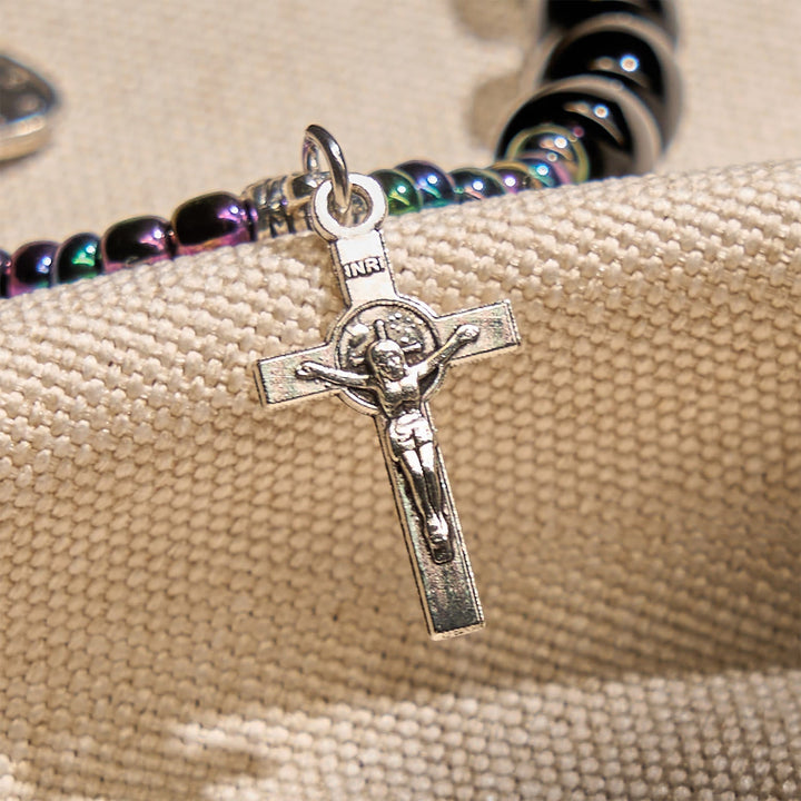 Ebony and Blue Agate with Our Lady Medal & Crucifix Bracelet