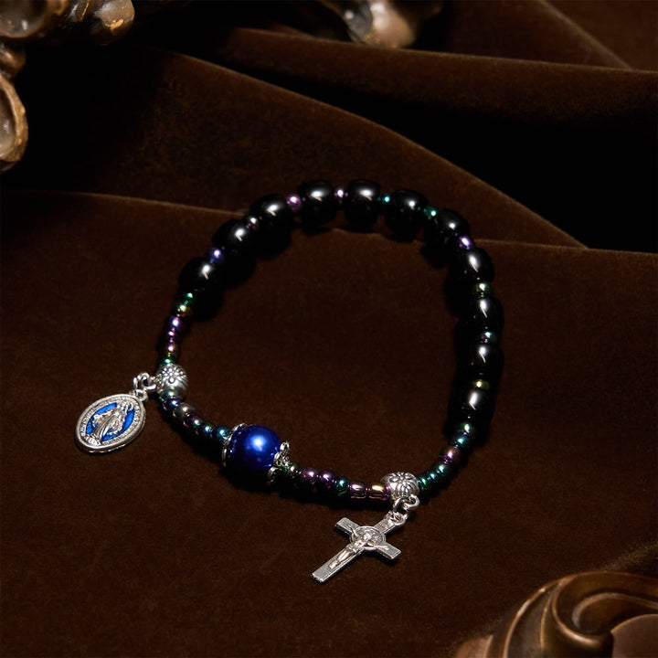 Ebony and Blue Agate with Our Lady Medal & Crucifix Bracelet