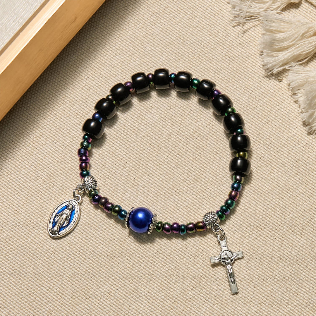 Ebony and Blue Agate with Our Lady Medal & Crucifix Bracelet