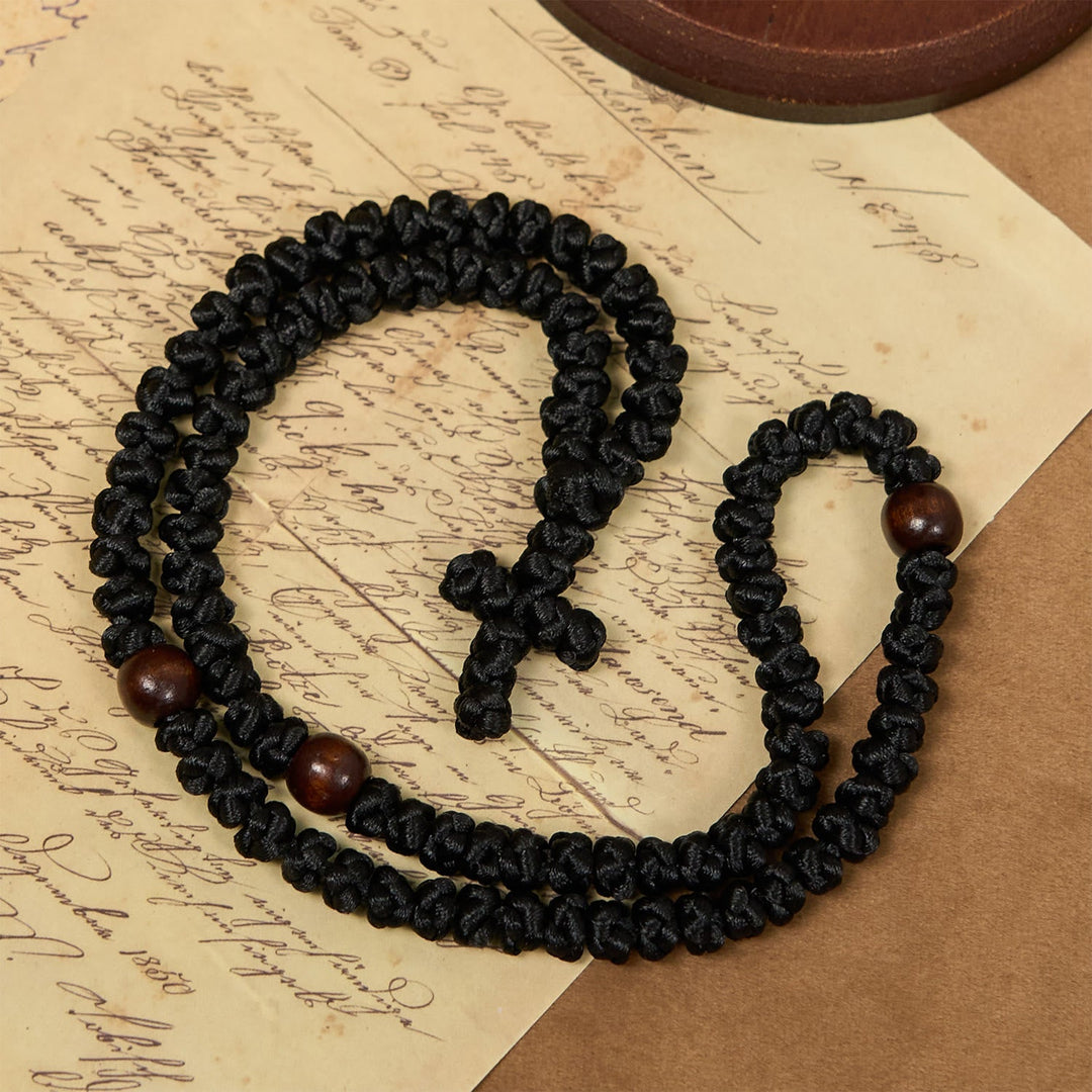 Blue & Black Cross 100 Blessing Knots String Necklace: Cherished Symbol of Holy Blessing