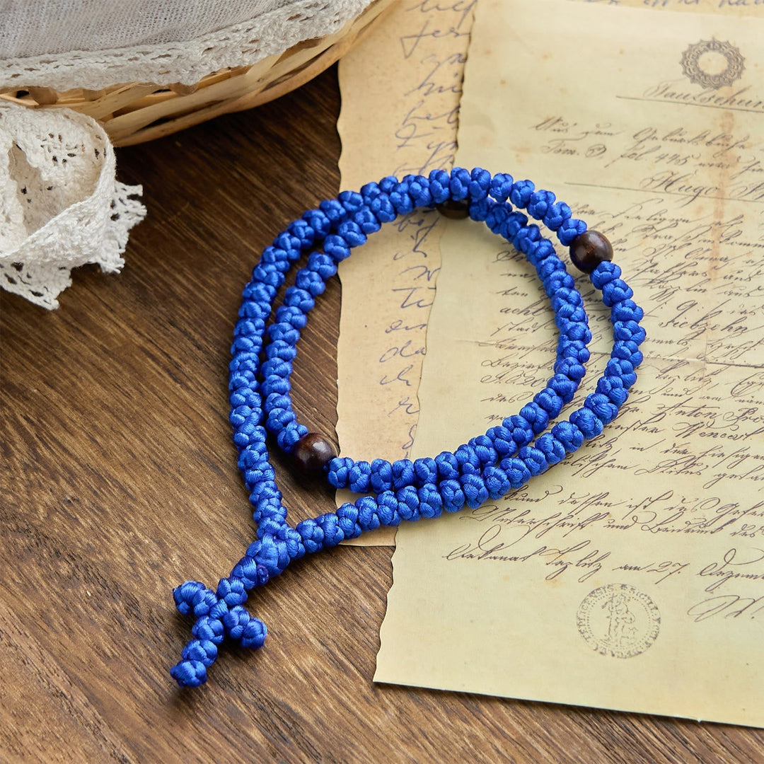 Blue & Black Cross 100 Blessing Knots String Necklace: Cherished Symbol of Holy Blessing
