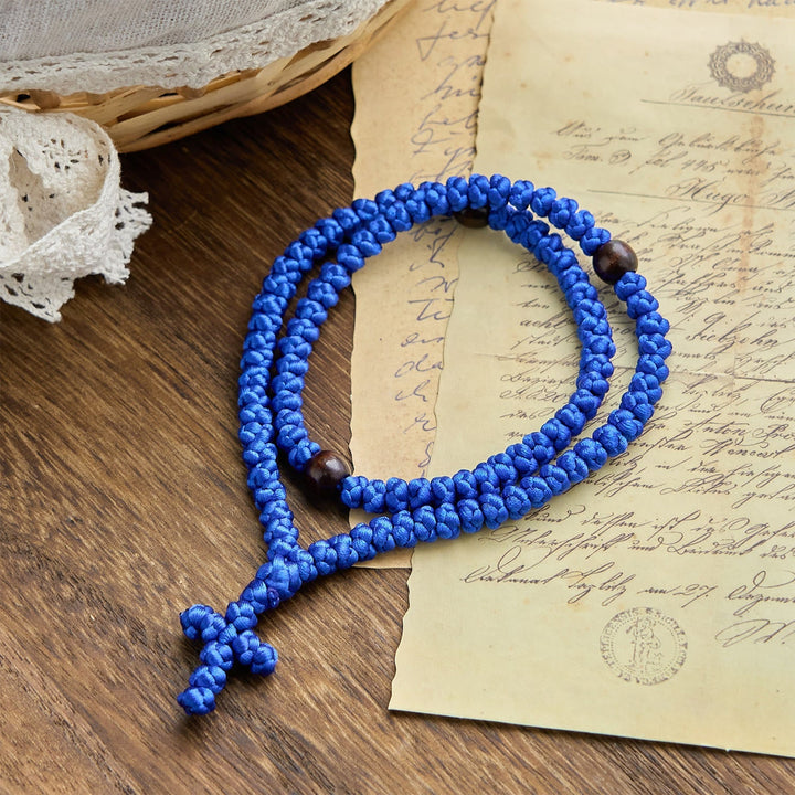 Blue & Black Cross 100 Blessing Knots String Necklace: Cherished Symbol of Holy Blessing