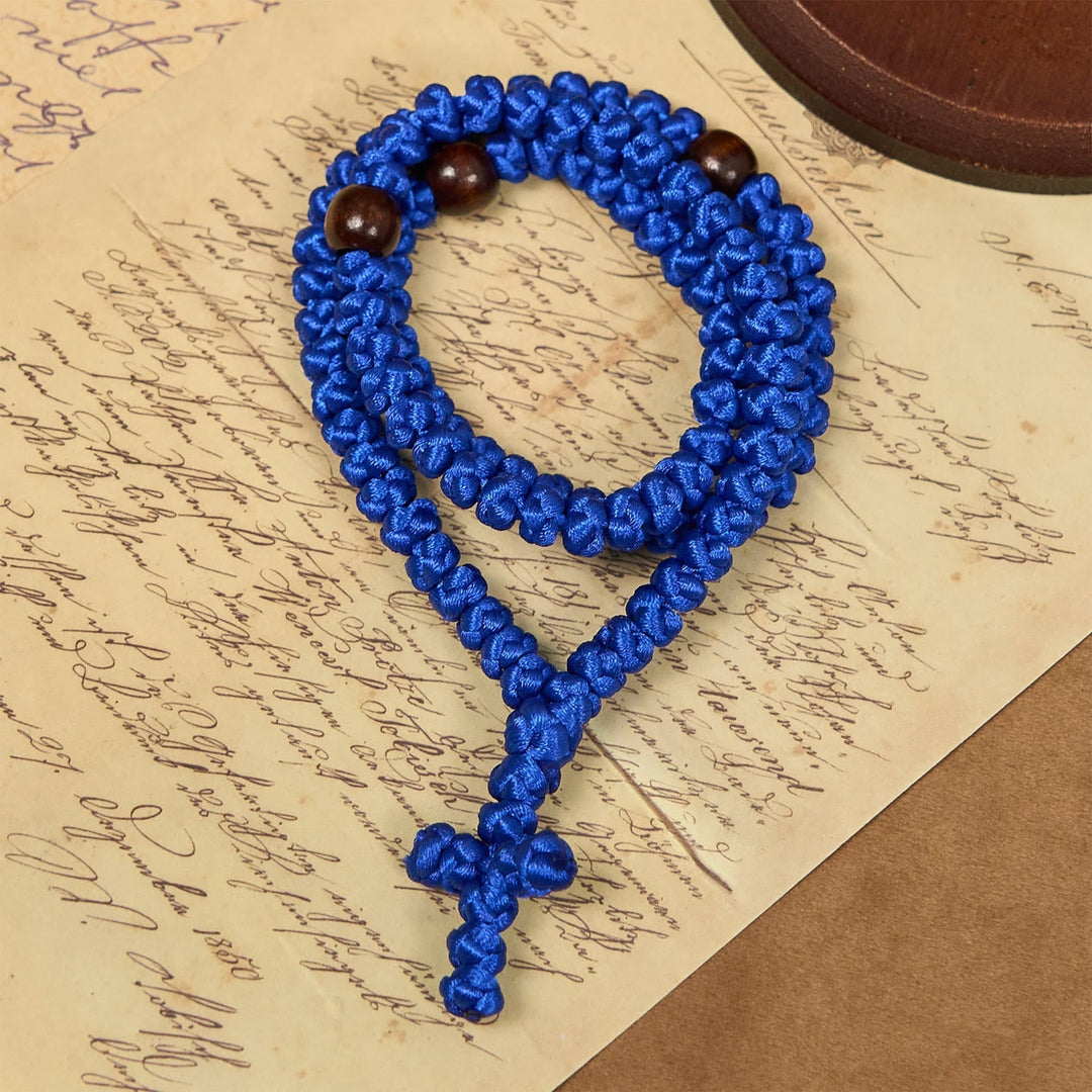 Blue & Black Cross 100 Blessing Knots String Necklace: Cherished Symbol of Holy Blessing