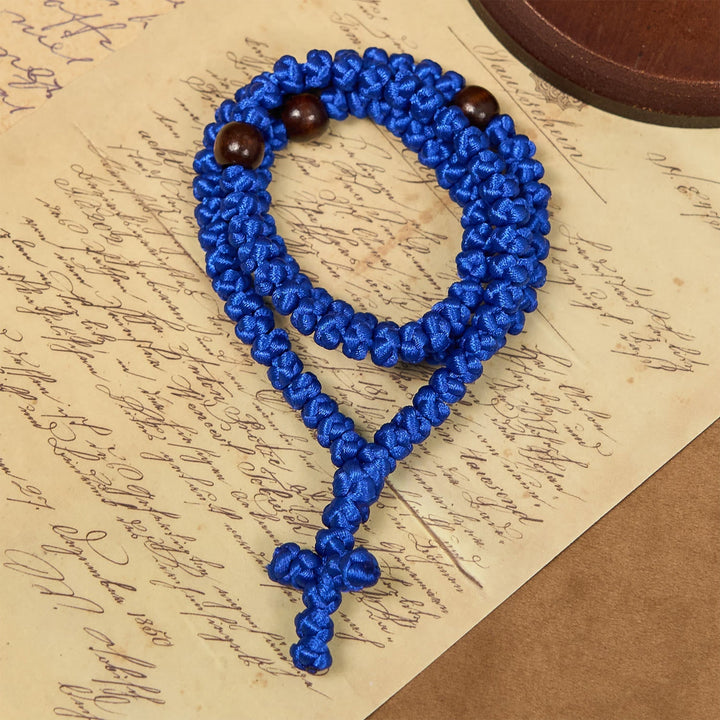 Blue & Black Cross 100 Blessing Knots String Necklace: Cherished Symbol of Holy Blessing