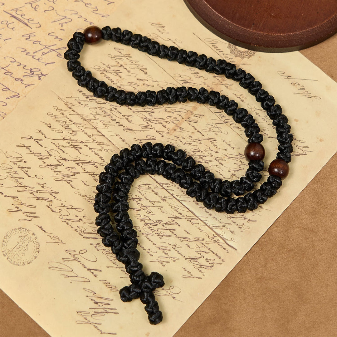 Blue & Black Cross 100 Blessing Knots String Necklace: Cherished Symbol of Holy Blessing