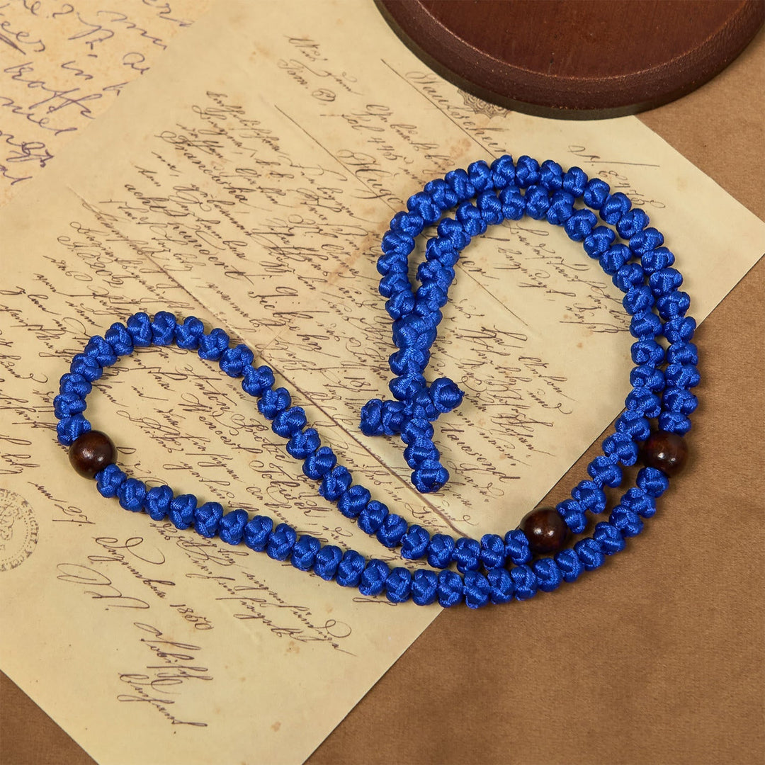 Blue & Black Cross 100 Blessing Knots String Necklace: Cherished Symbol of Holy Blessing