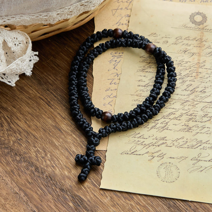 Blue & Black Cross 100 Blessing Knots String Necklace: Cherished Symbol of Holy Blessing