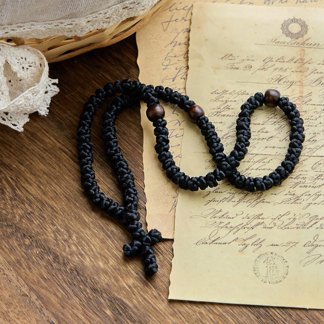 Blue & Black Cross 100 Blessing Knots String Necklace: Cherished Symbol of Holy Blessing