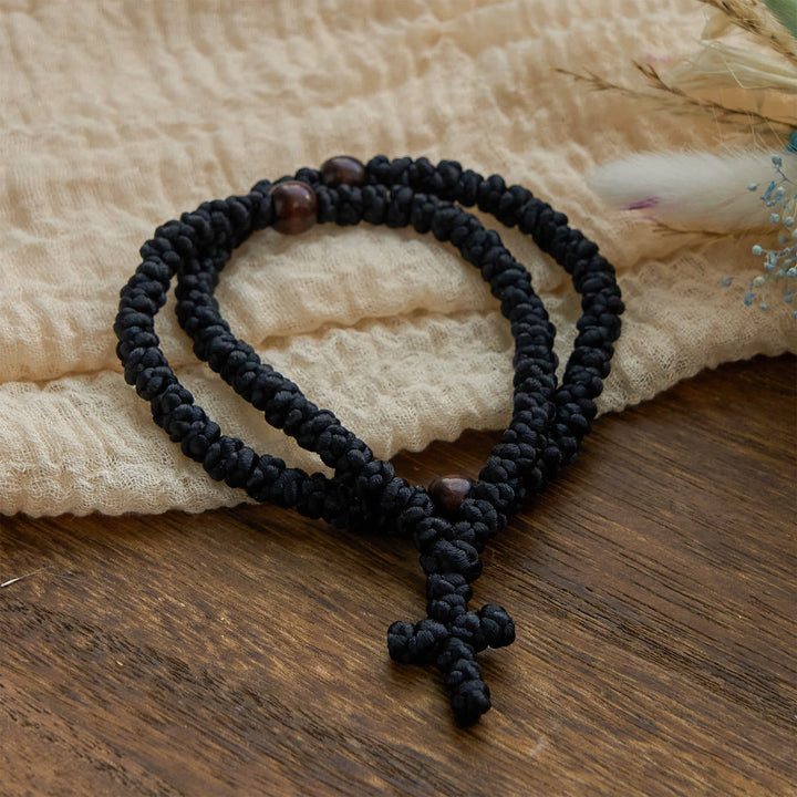 Blue & Black Cross 100 Blessing Knots String Necklace: Cherished Symbol of Holy Blessing