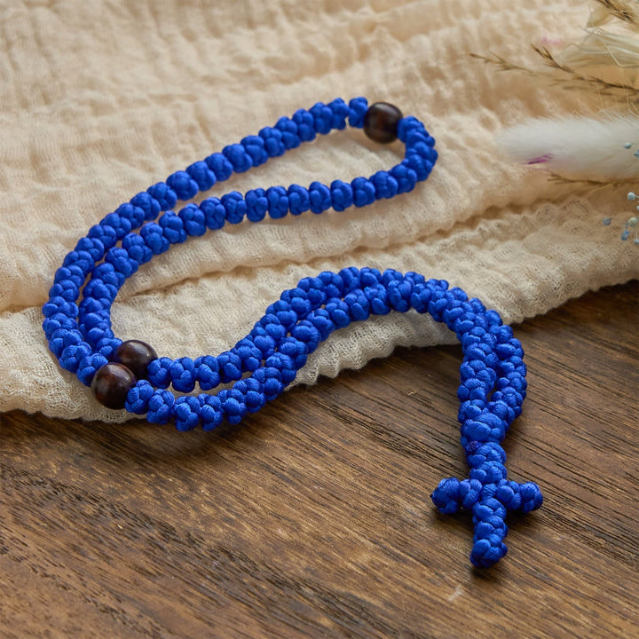 Blue & Black Cross 100 Blessing Knots String Necklace: Cherished Symbol of Holy Blessing
