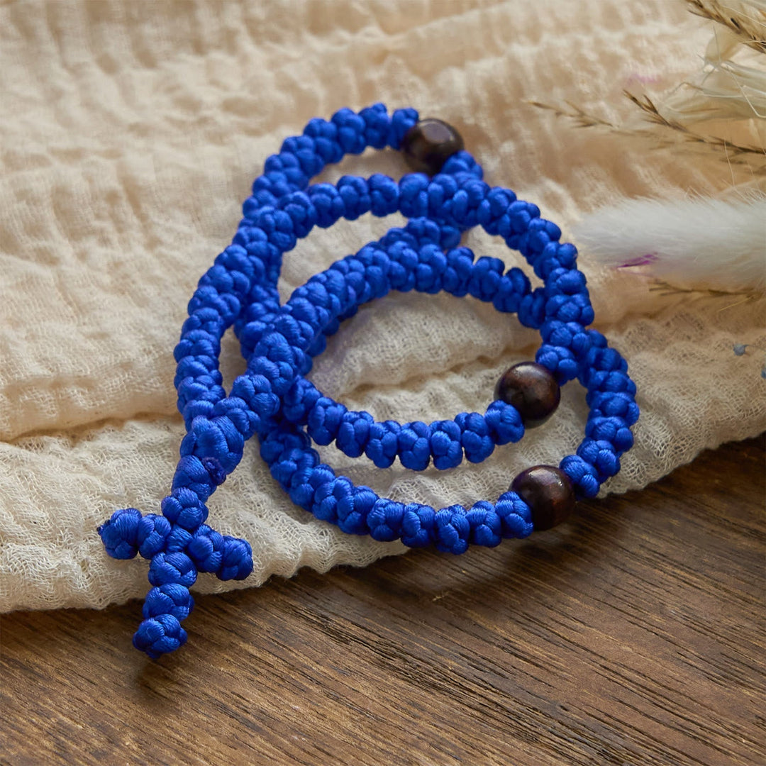 Blue & Black Cross 100 Blessing Knots String Necklace: Cherished Symbol of Holy Blessing