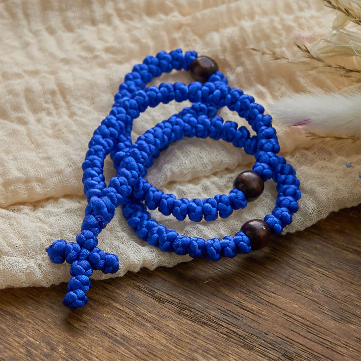 Blue & Black Cross 100 Blessing Knots String Necklace: Cherished Symbol of Holy Blessing