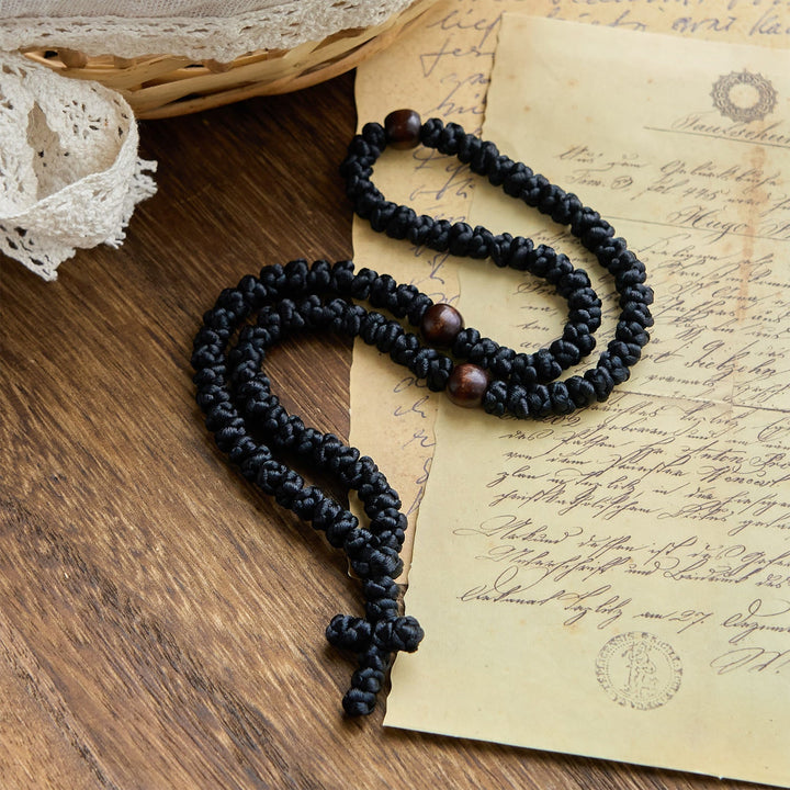 Blue & Black Cross 100 Blessing Knots String Necklace: Cherished Symbol of Holy Blessing