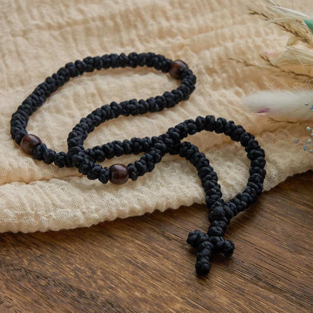 Blue & Black Cross 100 Blessing Knots String Necklace: Cherished Symbol of Holy Blessing