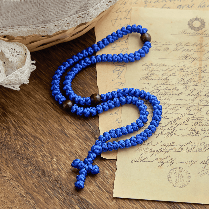 Blue & Black Cross 100 Blessing Knots String Necklace: Cherished Symbol of Holy Blessing