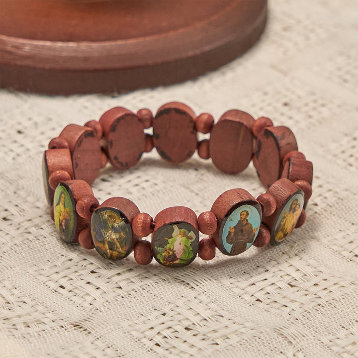 Classic Wooden Bead Stretch Bracelet with Mary, Jesus & Saints Icons