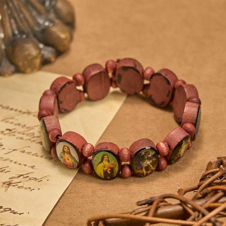 Classic Wooden Bead Stretch Bracelet with Mary, Jesus & Saints Icons