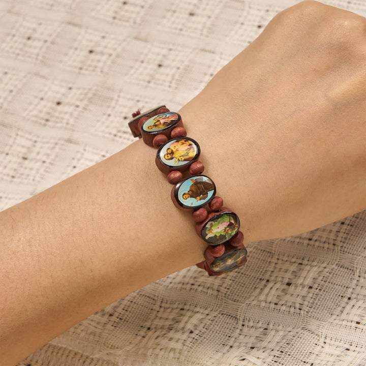 Classic Wooden Bead Stretch Bracelet with Mary, Jesus & Saints Icons