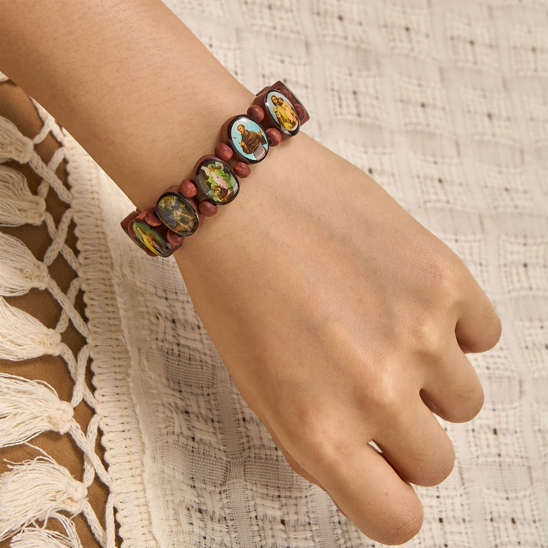 Classic Wooden Bead Stretch Bracelet with Mary, Jesus & Saints Icons
