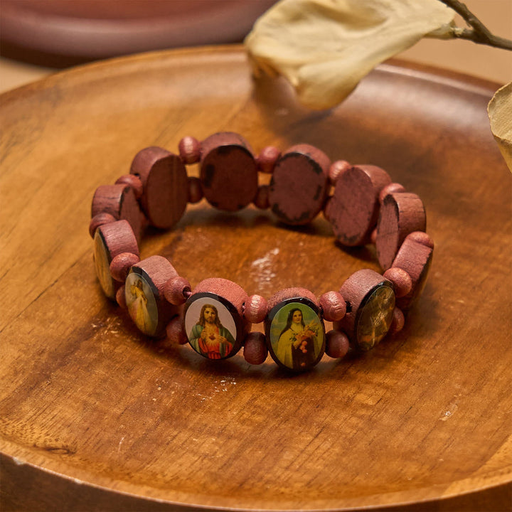 Classic Wooden Bead Stretch Bracelet with Mary, Jesus & Saints Icons