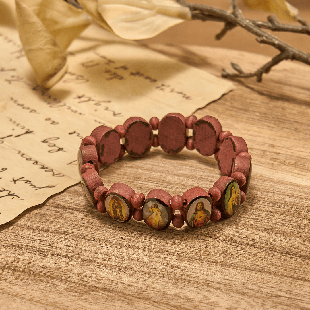 Classic Wooden Bead Stretch Bracelet with Mary, Jesus & Saints Icons