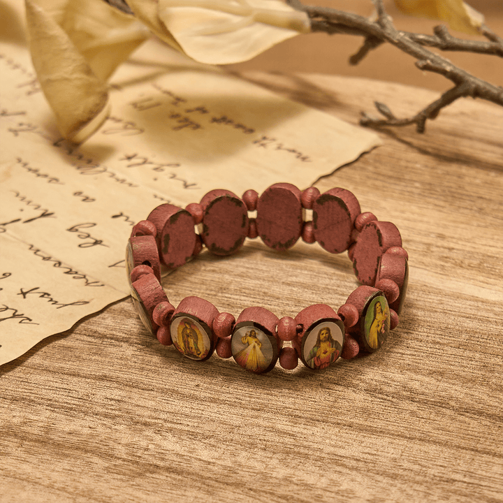 Classic Wooden Bead Stretch Bracelet with Mary, Jesus & Saints Icons
