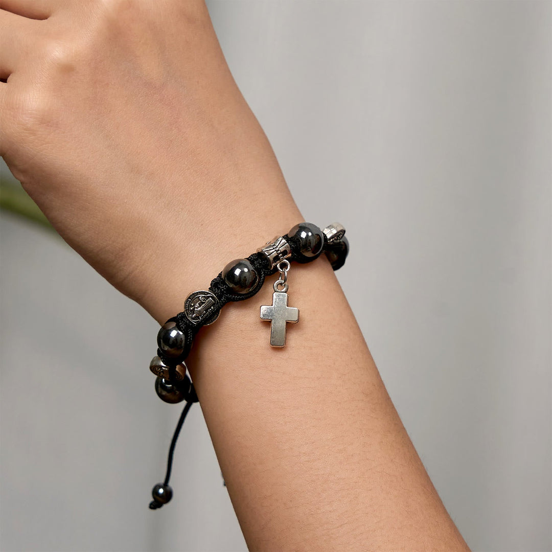 Hematite Bead Bracelet with Cross & St. Benedict: Solemn Reminder of Spiritual Roots