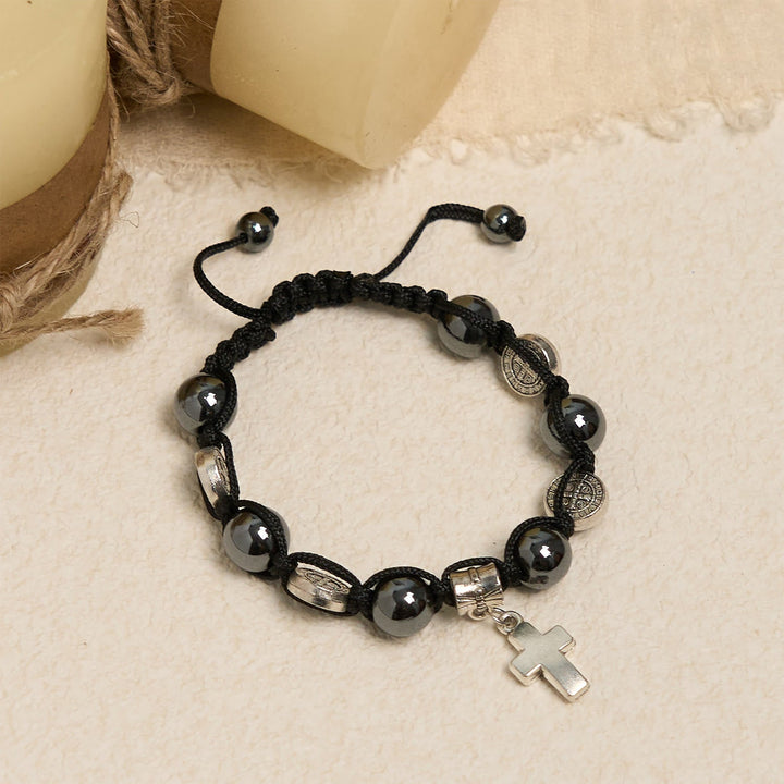 Hematite Bead Bracelet with Cross & St. Benedict: Solemn Reminder of Spiritual Roots
