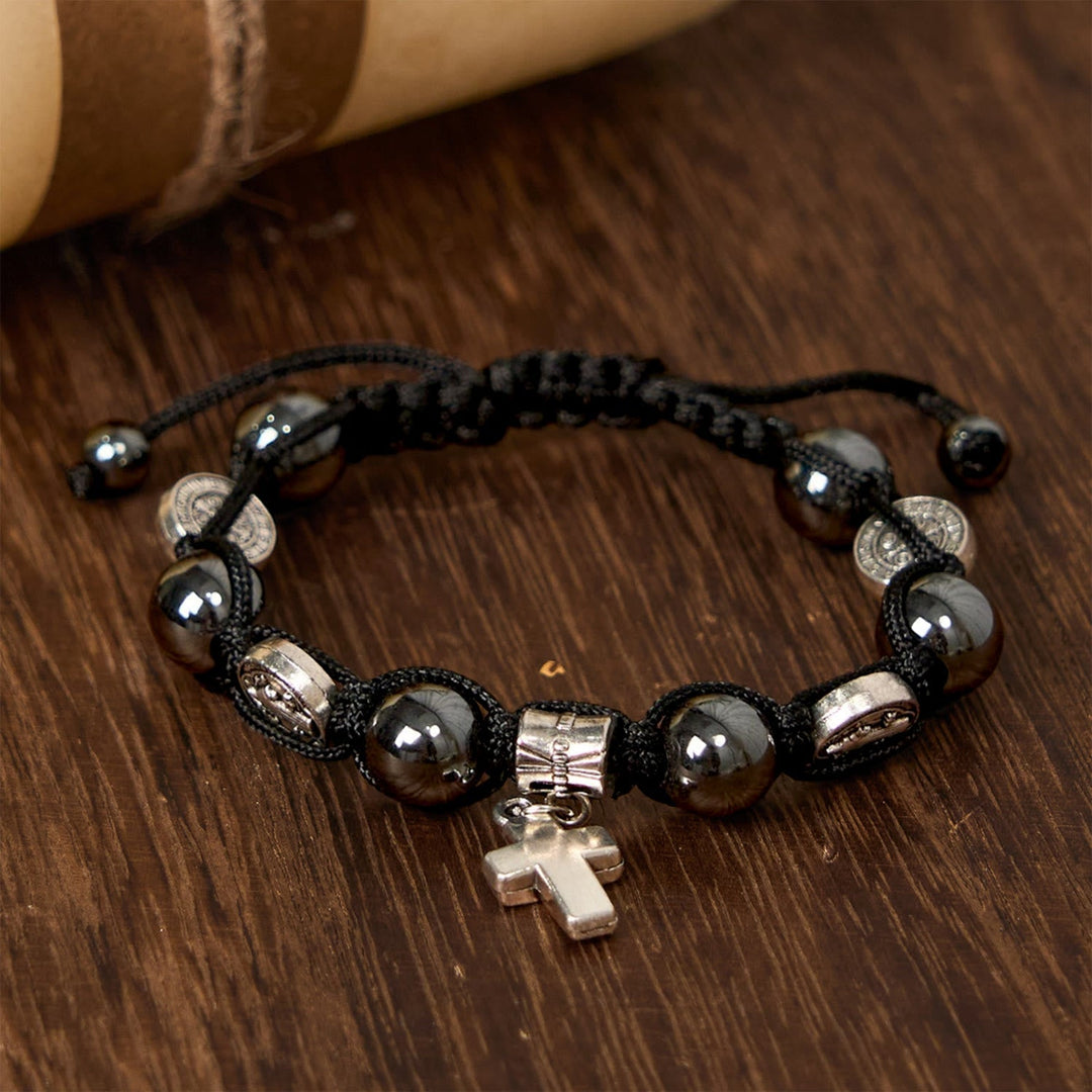 Hematite Bead Bracelet with Cross & St. Benedict: Solemn Reminder of Spiritual Roots