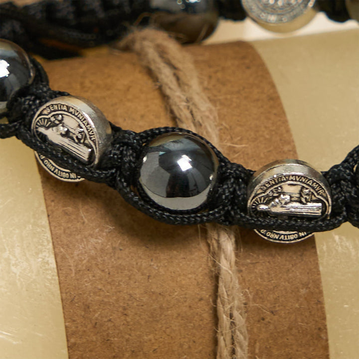 Hematite Bead Bracelet with Cross & St. Benedict: Solemn Reminder of Spiritual Roots