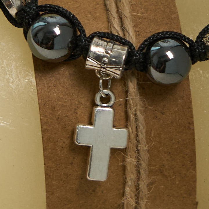 Hematite Bead Bracelet with Cross & St. Benedict: Solemn Reminder of Spiritual Roots