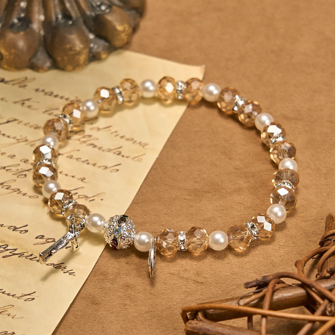 Modern Clear Crystal Stretch Braceletwith Crucifix & Miraculous Medal: Contemporary Faith Statement