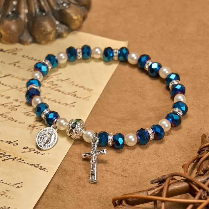 Modern Clear Crystal Stretch Braceletwith Crucifix & Miraculous Medal: Contemporary Faith Statement