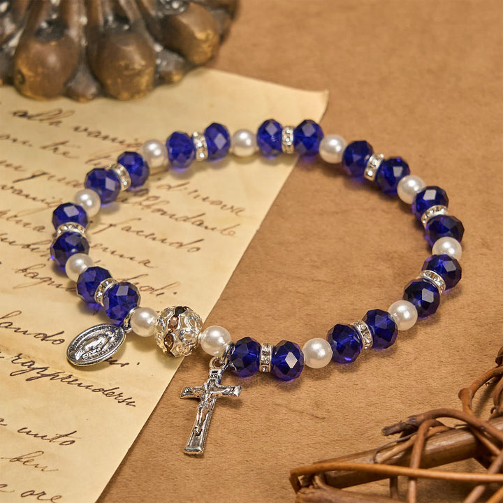 Modern Clear Crystal Stretch Braceletwith Crucifix & Miraculous Medal: Contemporary Faith Statement