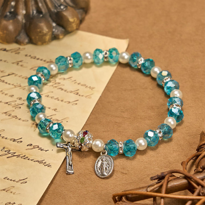 Modern Clear Crystal Stretch Braceletwith Crucifix & Miraculous Medal: Contemporary Faith Statement