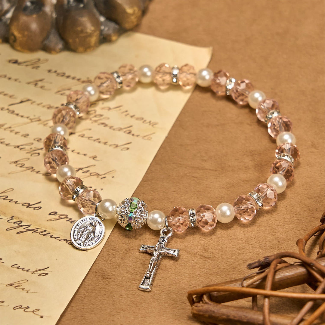 Modern Clear Crystal Stretch Braceletwith Crucifix & Miraculous Medal: Contemporary Faith Statement