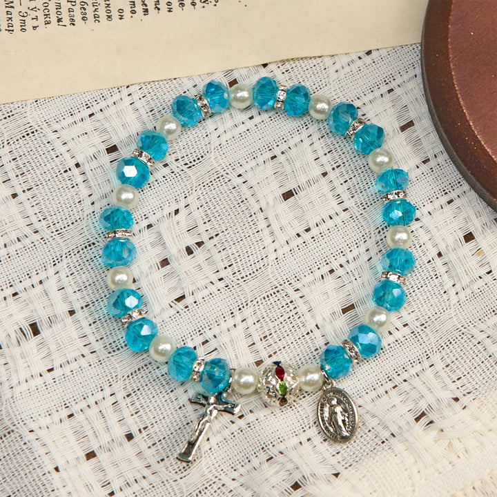 Modern Clear Crystal Stretch Braceletwith Crucifix & Miraculous Medal: Contemporary Faith Statement