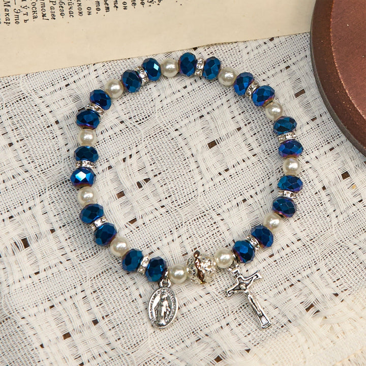 Modern Clear Crystal Stretch Braceletwith Crucifix & Miraculous Medal: Contemporary Faith Statement