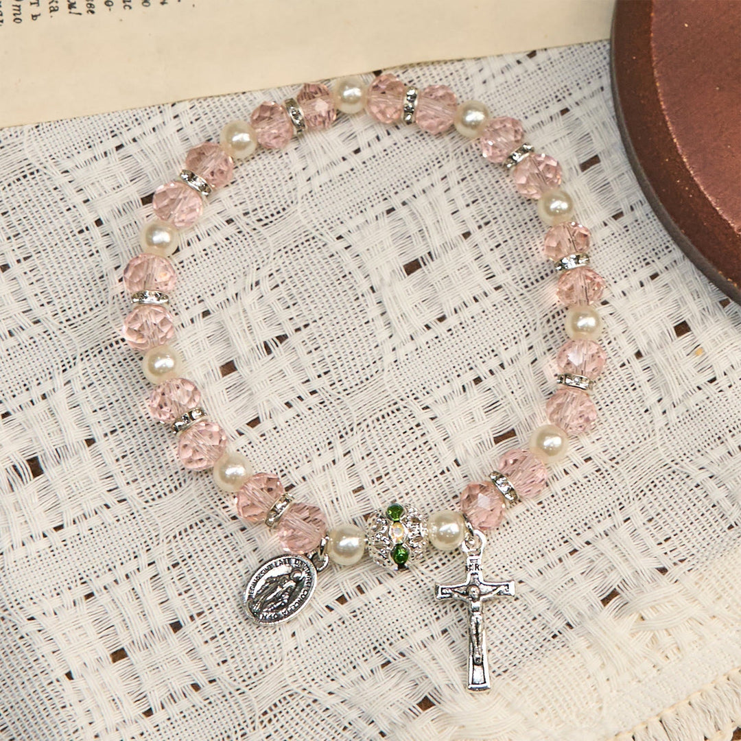 Modern Clear Crystal Stretch Braceletwith Crucifix & Miraculous Medal: Contemporary Faith Statement