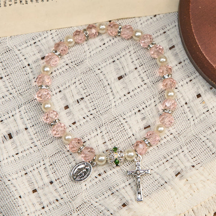 Modern Clear Crystal Stretch Braceletwith Crucifix & Miraculous Medal: Contemporary Faith Statement