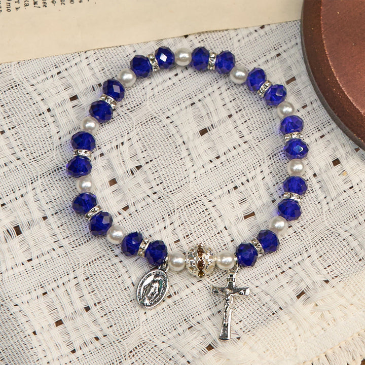 Modern Clear Crystal Stretch Braceletwith Crucifix & Miraculous Medal: Contemporary Faith Statement